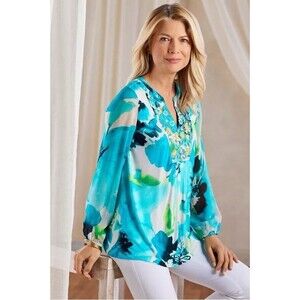 Soft Surroundings Catamara Turquoise Floral Tunic top Sz Petite Small (6-8) NWT